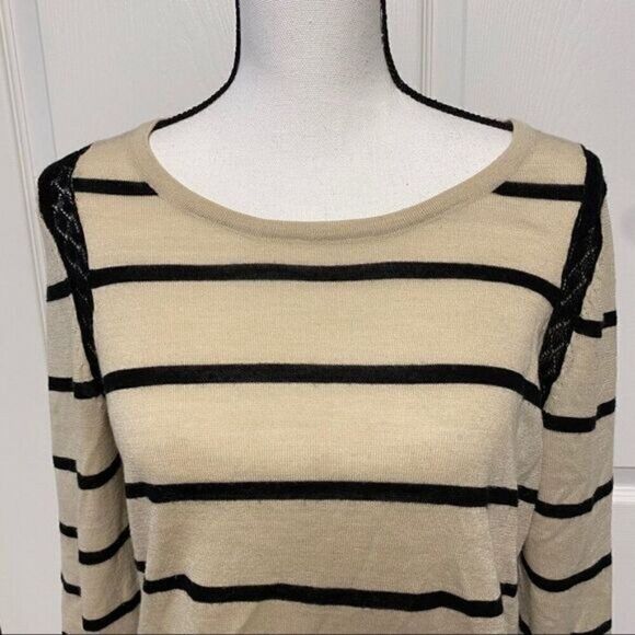 Loft womens cream black striped long sleeve round neck pullover knit sweater lrg - Picture 4 of 12